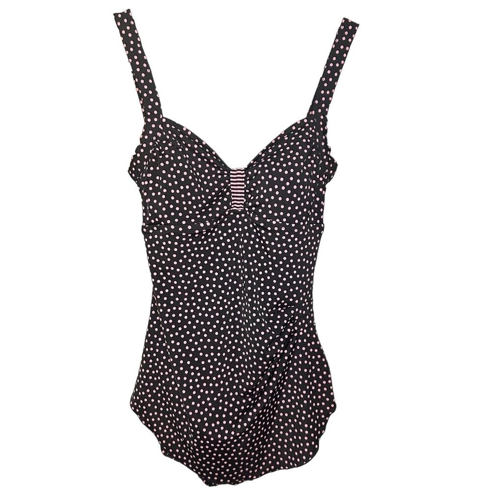 Retro Style Black with Pink Polka Dots One Piece Bathing Suit Size 12